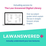 Advertisement for Law Answered Digital Library with a laptop screen displaying text. Actually understand your law lectures.
