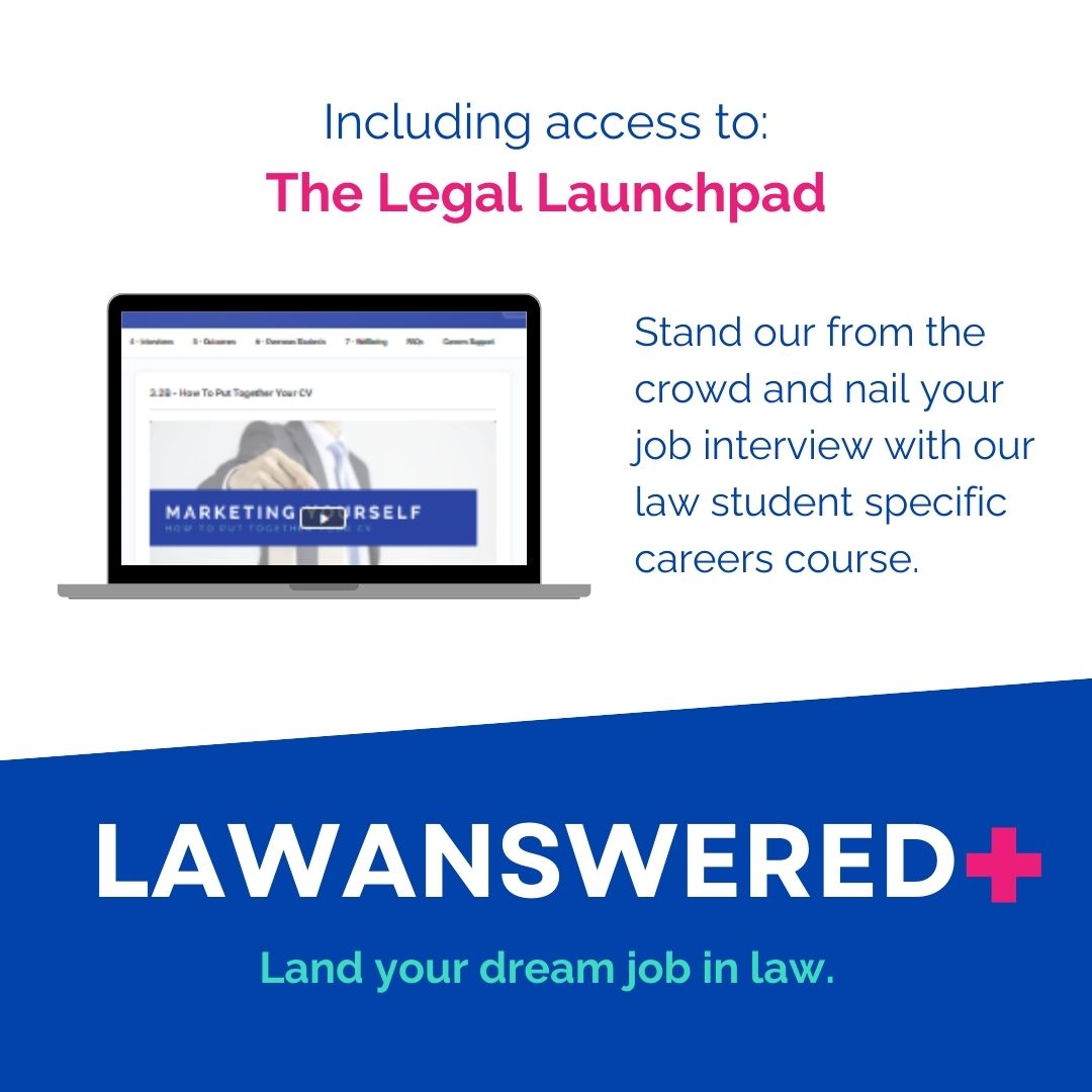 Advertisement for LawAnswered+ with a laptop screen displaying a careers course, set against a white and blue background. Land your dream job in law.