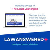 Advertisement for LawAnswered+ with a laptop screen displaying a careers course, set against a white and blue background. Land your dream job in law.