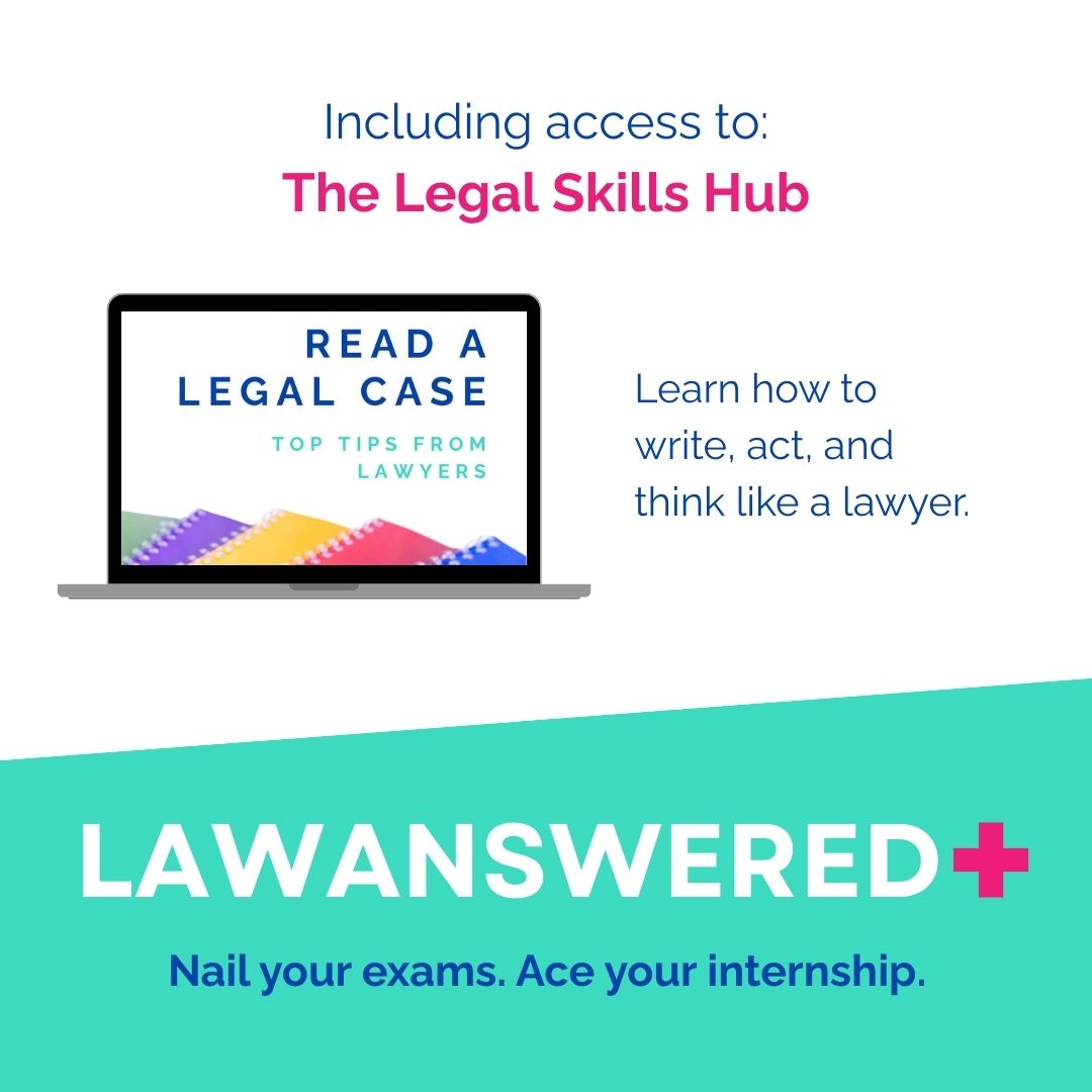 Promotional graphic for 'The Legal Skills Hub' with a laptop displaying a legal case study and text about law education. Nail your exams. Ace your internship.