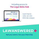 Promotional graphic for 'The Legal Skills Hub' with a laptop displaying a legal case study and text about law education. Nail your exams. Ace your internship.