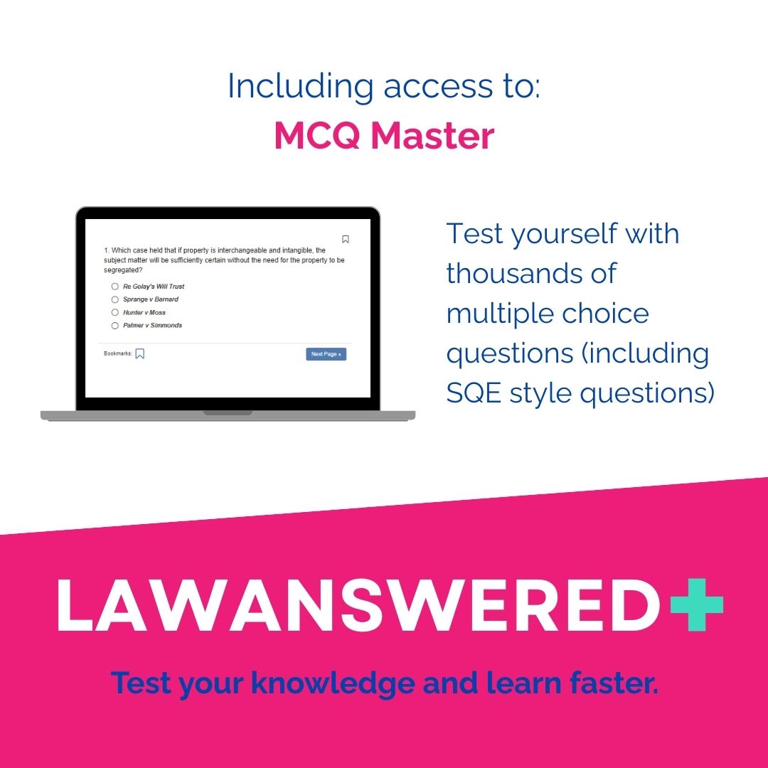 Advertisement for LawAnswered+ with a laptop displaying an MCQ Master interface on a white background. Test your legal knowledge and learn faster.