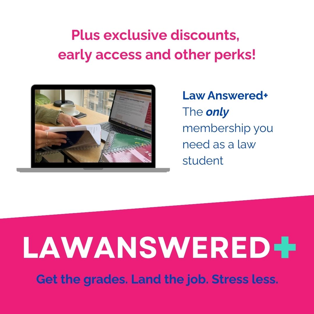 Advertisement for Law Answered+ with a laptop screen showing a student studying, and promotional text about discounts and early access.