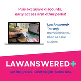 Advertisement for Law Answered+ with a laptop screen showing a student studying, and promotional text about discounts and early access.