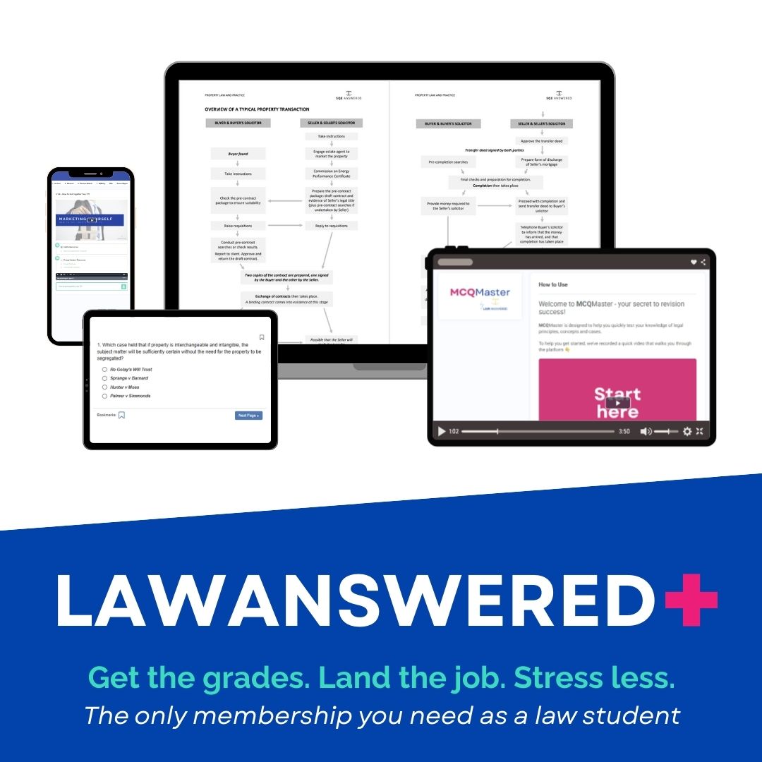 Multiple devices displaying LawAnswered+ platform with promotional text on a white background. Get the grades. Land the job. Stress less. the only membership you need as a law student.