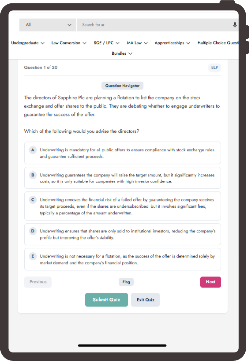 A screenshot of a quiz interface for an undergraduate finance course, showing a multiple-choice question about stock exchanges and offering buttons to submit or exit the quiz.