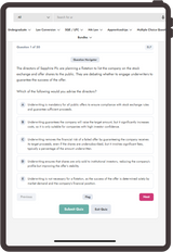 A screenshot of a quiz interface for an undergraduate finance course, showing a multiple-choice question about stock exchanges and offering buttons to submit or exit the quiz.