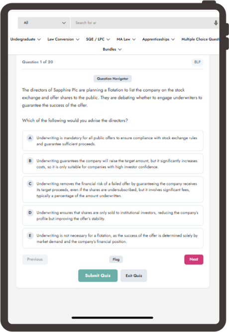 A screenshot of a quiz interface for an undergraduate finance course, showing a multiple-choice question about stock exchanges and offering buttons to submit or exit the quiz.